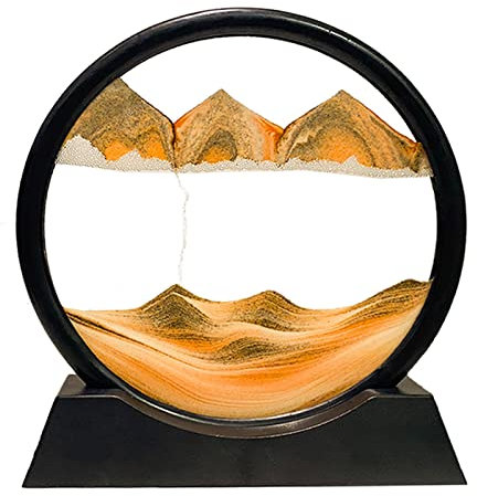 Dynamisch 3D Sandbilder zum Drehen, Fließende Sandmalerei runder Glas Rahmen, Bewegtes Sandbild Natürliche Landschaft, Entspannende Dekoration für Büro Heim Desktop-Kunst (Gelb, 7)