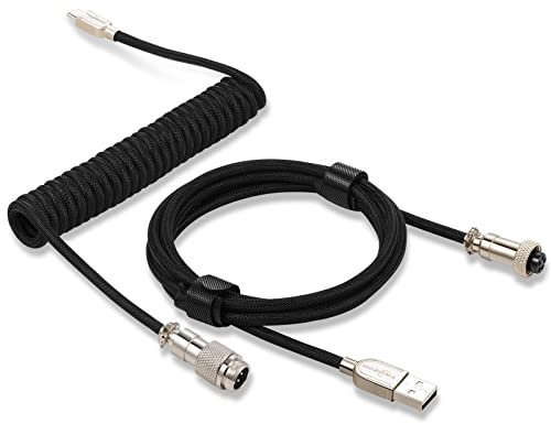 Twozoh Type C Mechanical Keyboard Coiled Cable, Braided Detachable Metal Aviator Connector Double Sleeved Keyboard Cable (Black)