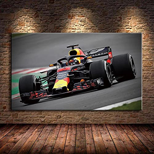 Bild F1 Rennwagen Wandkunst Fahrzeug Poster Drucke Leinwand Raceway Racing Sport Leinwand Gemälde Wohnzimmer Schlafzimmer 90x180cm(35x71in) mit Rahmen