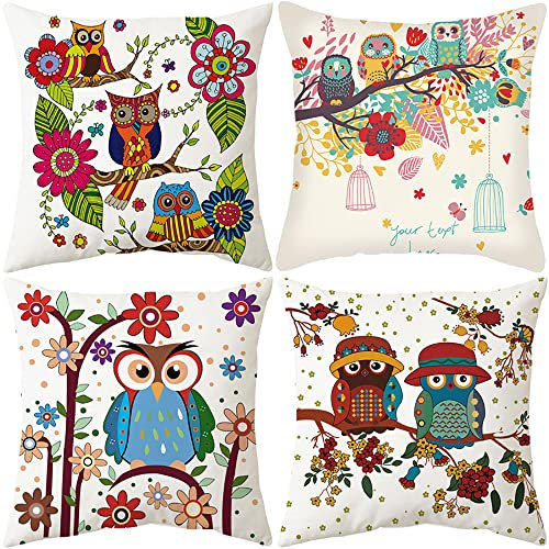 AKIS Home Kissenbezug 45x45cm 4er-Set Eule Kissenbezüge für Sofa Büro Wohnzimmer Wohndeko Moderne Bunte Kissenhülle…