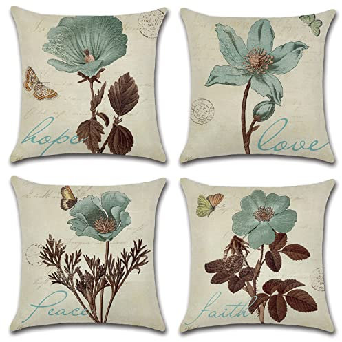 OCEUMACO Leinen Kissenbezug 50x50 Vintage Blumen Kissenhülle 4er Set Quadratisch Sofakissen Dekokissen Bezug für Couch Butterfly Kissen Kissenbezüge Outdoor Deko Zierkissen Couchkissen - Grün