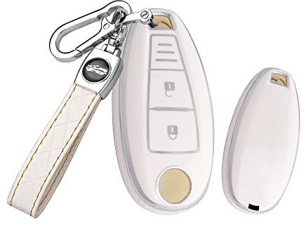 HIBEYO Coque de clé de Voiture Intelligente pour Suzuki Swift SX4 Ignis Grand Vitara Jimny sans clé en Cuir Blanc