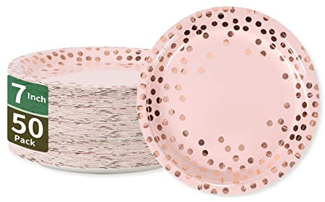 CENLBJ Lot de 50 assiettes jetables en papier à pois roses et or rose pour fête d'anniversaire, mariage, fête prénuptiale (17,8 cm)