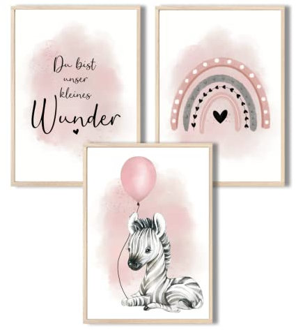 MeinBaby123® I Bilder Kinderzimmer | 3er Set DIN A4 Poster Set | Wandbilder | Kinderzimmer Poster | (Zebra & Luftballon rosa)