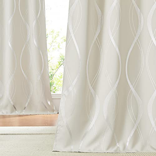 PONY DANCE Thermogardinen Kälteschutz Wohnzimmer Vorhänge mit Silbernem Liniendruck Gardienen 2-Set H 220 x B 140 cm Verdunklungsvorhänge Ösen Gardinen Blickdicht, Hellbeige