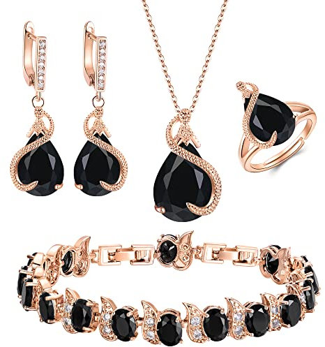 EVER FAITH 4 Stück Tropfen Cubic Zirconia Schmuck Set Glamour Anhänger Halskette Ohrringe Tennis Armband und Offener Ring für Damen Hochzeit Party Schwarz Rose Gold-Tone