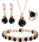 EVER FAITH 4 Stück Tropfen Cubic Zirconia Schmuck Set Glamour Anhänger Halskette Ohrringe Tennis Armband und Offener Ring für Damen Hochzeit Party Schwarz Rose Gold-Tone