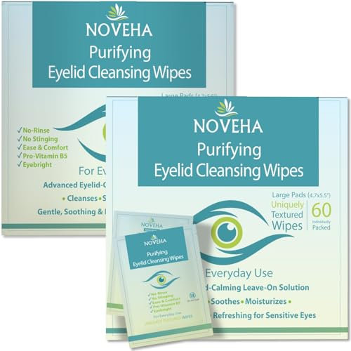 NOVEHA Eyelid & Lash Wipes | For Itchy, Dry Eyes, Styes & Blepharitis, Demodex | lid and lash Cleansing Wipes, Hypoallergenic & Soothing For Sensitive Eyes, (60 Count each (Pack of 2))