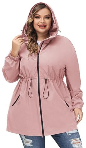 Hanna Nikole Manteau Imperméable Long À Capuche Pour Femme - Coupe-Vent Léger Et Imperméable Avec Fermeture Éclair Veste De Sport Avec Poches Rose 50