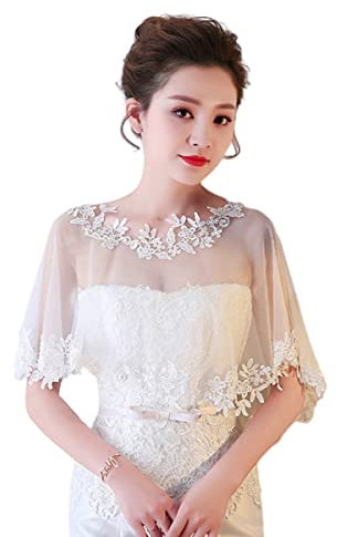 SamHeng Scialle di Nozze in Pizzo per Sposa, Donna Fiore Ricamato Bolero Scialle Avvolgere Stola Coprispalle Elegante Cape Mantello Capelet di Tulle per Cerimonia Festa (Bianco)