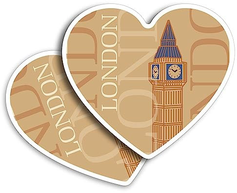 2 x Vinyl-Aufkleber 10 cm – Herzform London Big Ben Retro Kunstdruck Aufkleber Laptop Tablet Gepäck Auto Wand Kühlschrank Tür Aufkleber #59800
