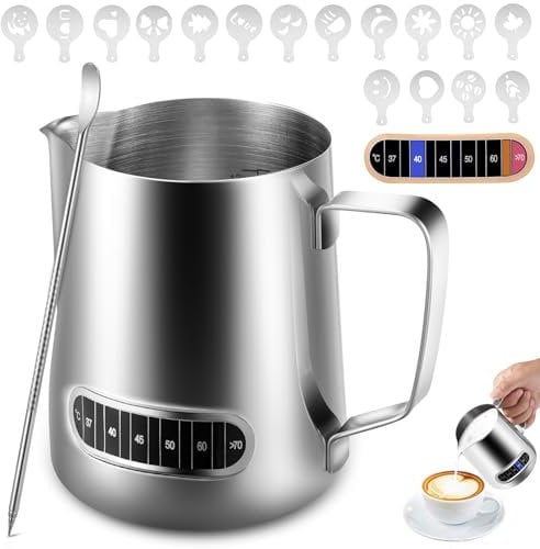 Anpro Milk Frothing Pitcher, 350 ml/12 oz 304 Stainless Steel Milk Pitcher with Thermometer,Latte Decorating Art Pen and 16 Pcs Coffee Stencils,Metal Barista Accessories for Coffee,Latte & Cappuccino