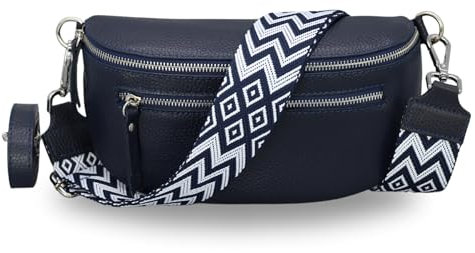 BRISE Bauchtasche Damen Echtes Leder Lucia Handgemachte Umhängetasche Crossbody Bag mit Ledergurt + Optionalen Breiten Gemusterten Riemen 3 Fächer Stylische Hüfttasche Made in Italy (Dunkelblau - 2)