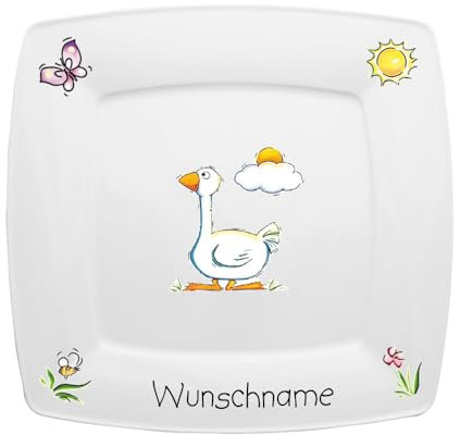 Doriantrade Frühstücksteller eckig Kinderteller Teller Porzellan Gans personalisierbar mit Wunschname Name Kindergeschirr mit Namen personalisiert