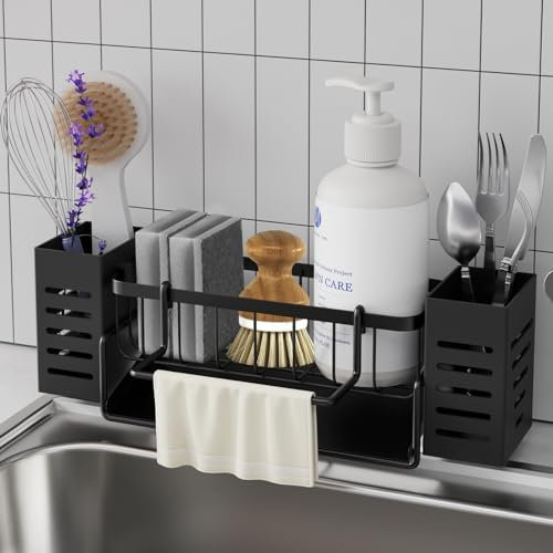 Bellovero Organizador Fregadero,Soporte Estropajo Fregadero, Accesorios Cocina con Bandeja de Desagüe Autodrenante,con Toallero y Caja de Almacenamiento para Cepillos Cocina,Organizador Cocina y Baño