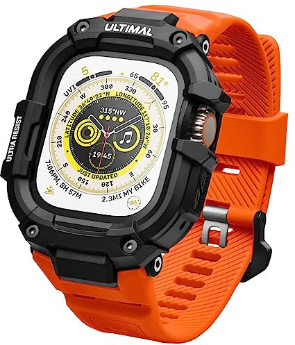 ULTIMAL Compatible with Apple Watch Strap Ultra 2/1 49mm, Rugged Military Grade Protective Bumper Cover, Adjustable Case with Band for iWatch Strap Men (49mm, Orange)