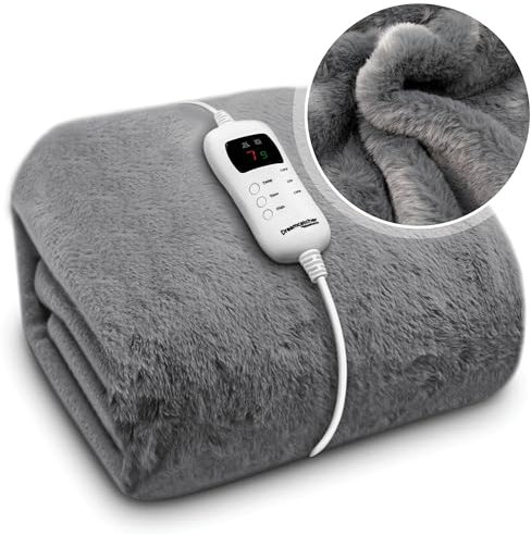 Dreamcatcher Dark Grey Faux Fur Heated Throw Electric Blanket, 160 x 120cm Heated Blanket Machine Washable Soft Fleece Electric Throw Overblanket with 9HR Timer and 9x Control Heat Settings