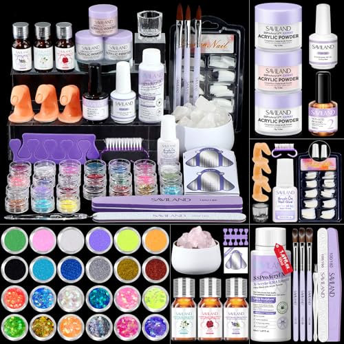 Saviland All-in-One Acryl Nagelset Starterset Komplett, mit Acryl Pulver Nails Acryls Liquid Acryls Pinsel Nail Primer Top Coat Nagel Glitzer ÄtherischesÖl Duftstein Übungshand Nagelkunst Werkzeug Set