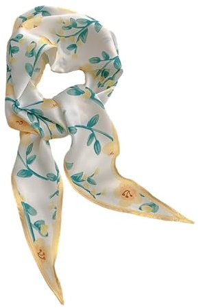 GIMIRO Satin Schal 120cm x 36cm Rhombus Bunte Schals Eleganter Seidenschal mit Blumenmuster Weiß-Gelb-Grün, Dekorativer Rand (Yellow Floral)