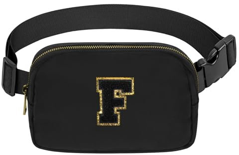 VOROLO Gürteltasche für Damen und Herren, Gürteltasche, Geschenk für Damen, Bauchtasche mit verstellbarem Riemen für Sport, Schwarzer Buchstabe F, 1 Packung Anfangsbuchstabe, schwarz