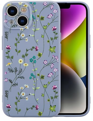 RALEAVO Case for iPhone 14, Cute Flower Silicone Floral Slim Cover, Grey | For iPhone 14 Liquid Silicone Phone Case, for Girls Women Aesthetic Flowers Shockproof Protective Soft Cover