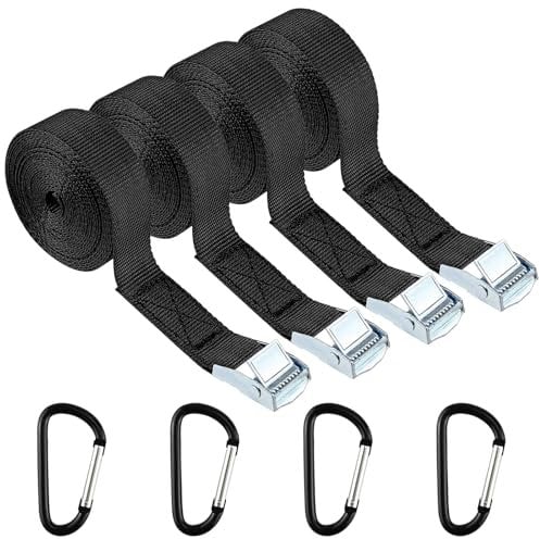 4 Pezzi Cinghie di Tensionamento con Fibbia a Camma, 2cm x 1m Cinghie di Tensione Regolabili con 4 Gancio, Nero Cinghie Elastiche a Cricchetto per Moto Auto Bicicletta Morsetti