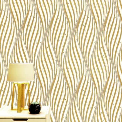 Tarwanear Light Gold Wallpaper Wave Stripes Thick Textured Wallpapers Non-Woven 3D Modern Print Embossed Stripe Feature Wall Papers Roll for Livingroom Bedroom Lounge Hallway