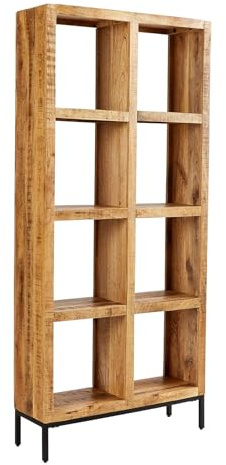 Home Source Tall Mango Wood 8 Shelf Cube Bookcase Storage Unit, Black Metal Legs, 175cm
