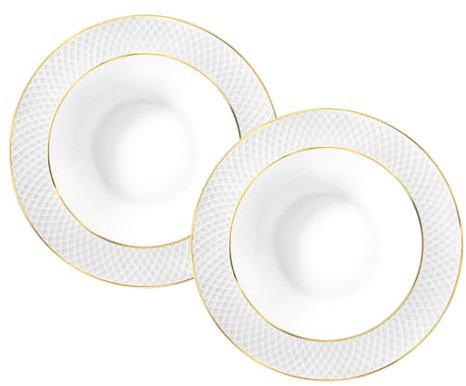 Wilmax - Assiette creuse avec motif doré - 2 pièces - Ø 22,5 cm - Assiette creuse en porcelaine blanche - Assiette plate de 450 ml - Lavable au lave-vaisselle - Assiette à petit-déjeuner, à dessert