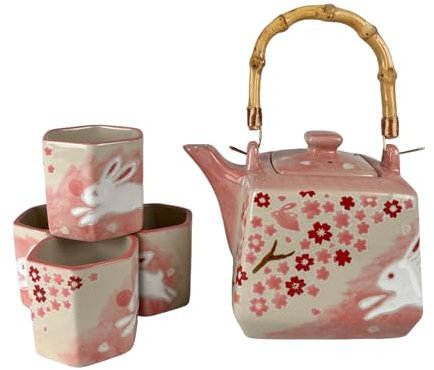 Set da tè in porcellana di forma quadrata, 591,5 ml, con 4 tazze esagonali, dipinto a mano, design con fiori di ciliegio e coniglio, manico superiore, stile giapponese (rosa)
