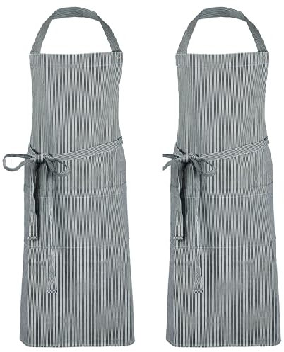 ZOLLNER 2er Set Kochschürze in schwarz-weiß-gestreift - robuste Grillschürze für Damen und Herren - Baumwolle - 75x100 cm - mit Bindebänder - waschbar bis 60°C - Oeko Tex® zertifiziert