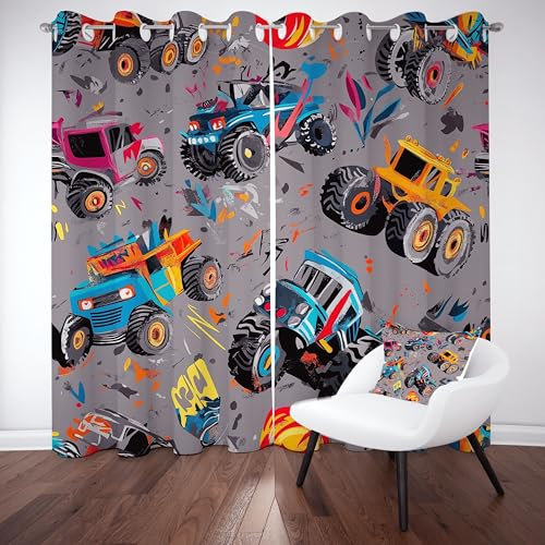 Sobhdga Vorhang Blickdicht Kinder Karikatur LKW, Modern Graffiti Gardinen mit Ösen 2er Set, Vorhänge Straßenkultur, Thermovorhang Kälteschutz für Wohnzimmer Schlafzimmer H 214 x B 66 cm