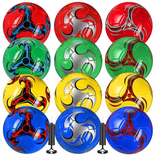 MiniInflat 12 Pcs Soccer Balls Bulk Size 4 Soccer Balls with Pump Soft Football Outdoor Indoor for Sport Training Practice Game Gift for Youth Teen Adult(Vivid,Novelty)