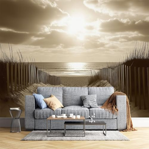 DLERFLOVR Papier Peints Panoramique Dunes De Sable Et Clôture En Bois - Poster Geant Mural 3D Route De Sable De Plage Papier Peint Pour Salon Chambre D'Enfant Coucher Maison Décoration Murale