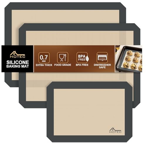 HOTEC Silicone Baking Mats 3 Pack – Thickened Non-Stick Reusable Silicone Baking Sheets for Oven – Cookie & Macaron Mats – 2 Half Sheet + 1 Quarter Sheet – BPA-Free, Dishwasher Safe