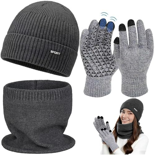Mino Plus Mütze Schal und Touchscreen Handschuhe Set Wintermütze,Mütze, Schal & Handschuh-Sets für Herren Damen,Elastische Cuffed Plain Wintermütze Outdoor Aktivitäten Geschenk