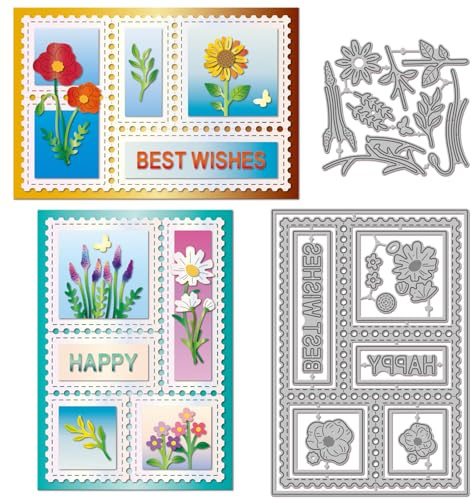 GLOBLELAND Stanzschablonen für Kartengestaltung, Kohlenstoffstahl, 23 Stück, Blumen-Briefmarken-Design, 16x11 cm und 8,2x7,6 cm, für Scrapbooking und Papierbasteln