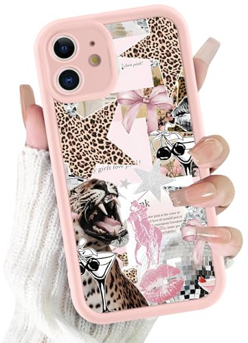 Tivkofk Leopard Flower Print Phone Case for iPhone 12 6.1'', Pink Cherry Bow Coquette Glitter Stars Y2K Aesthetic Case, Soft TPU Shockproof Cover with Camera Protection for Women Girls