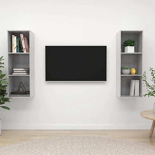 GeenYuu Meubles TV muraux 2 pcs en Bois d'ingénierie Gris béton avec 3 Compartiments, Rangement Suspendu pour Salon séjour multimédia, Design Moderne Industriel, Support Console Angle Bas