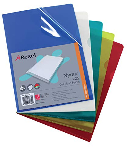 Rexel Nyrex Premium A4 Document Folder, Assorted Colours, Embossed, 100mic, Cut Flush, L-Folder, Pack of 25, 12161AS
