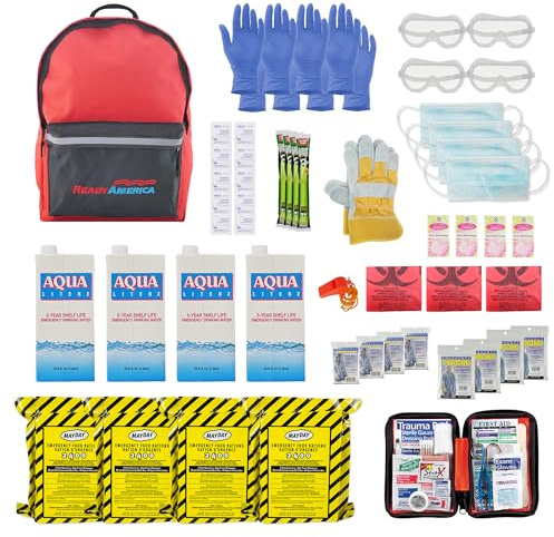 Ready America 70380 Kit de emergencia de 72 horas, 4 personas, mochila de 3 días, incluye botiquín de primeros auxilios, manta de supervivencia, comida de emergencia, preparación portátil para