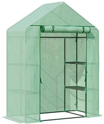 Outsunny Walk In Greenhouse with Shelves, Portable Gardening Plant Grow House for Outdoor with 2 Tier Shelf, Roll-Up Zippered Door, PE Cover, 141 x 72 x 191cm, Green