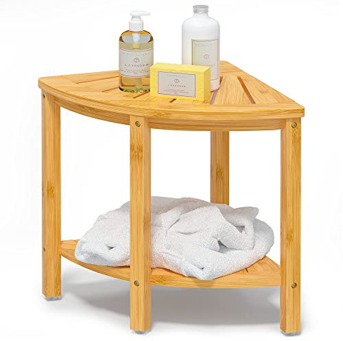 Bamfan Bambus Eck-Duschbank Wasserdichter Hocker mit platzsparender Ablagefläche - Duschhocker Sitz für den Innen- oder Außenbereich