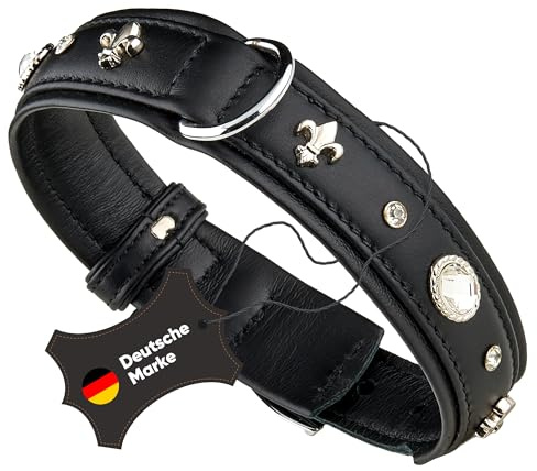 MICHUR Gala Hundehalsband Leder, Lederhalsband Hund, Halsband, Schwarz, Leder, mit Lilien,Strasssteinen und großem Kristall, in verschiedenen Größen erhältlich