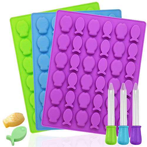 YuCool Silikonformen in Fischform, 3 Stück in Lebensmittelqualität mit 3 Tropfen für Schokolade, Bonbons, Fondant, Gelee, Muffinkuchen, Miniseife, Pflaster, Eiswürfel, Violett, Blau, Grün