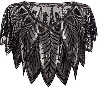 Coucoland 1920s Stola Damen Blatt Muster Retro Schal Umschlagtücher für Abendkleid Vintage Hochzeit Damen Schulter Bedeckung 20er Jahre Stil Gatsby Kostüm Accessoires (Schwarz)