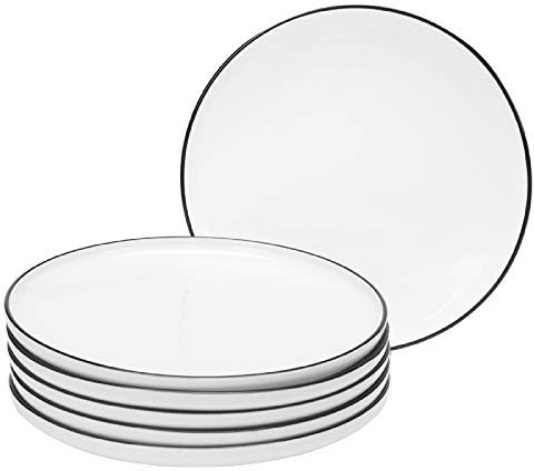 BonNoces Platos de porcelana de 10 pulgadas, elegante diseño blanco con bordes negros, juego de platos redondos clásicos para filetes, pasta y ensalada, juego de 6