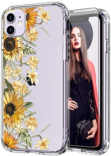 ICEDIO for iPhone 11 Case with Screen Protector,Clear with Cute Sunflowers and Yellow Floral Patterns for Girls Women,Shockproof Slim Fit TPU Cover Protective Phone Case for Apple iPhone 11 6.1 inch