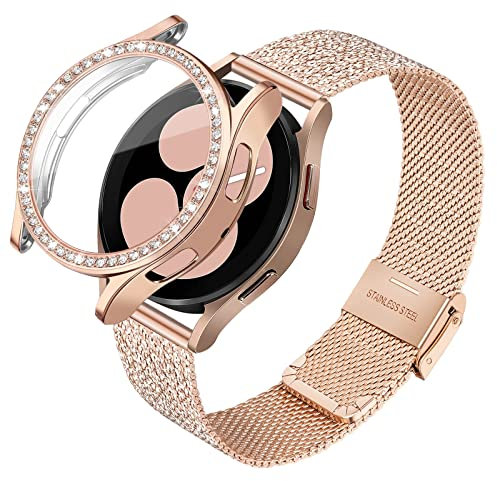 TRUMiRR Bracelet+Couvercle de Protection Remplacement pour Galaxy Watch 7 6 5 4 40mm, Bracelet en métal en acier inoxydable de type maille & couvercle de protection pour Samsung Galaxy Watch4 40mm