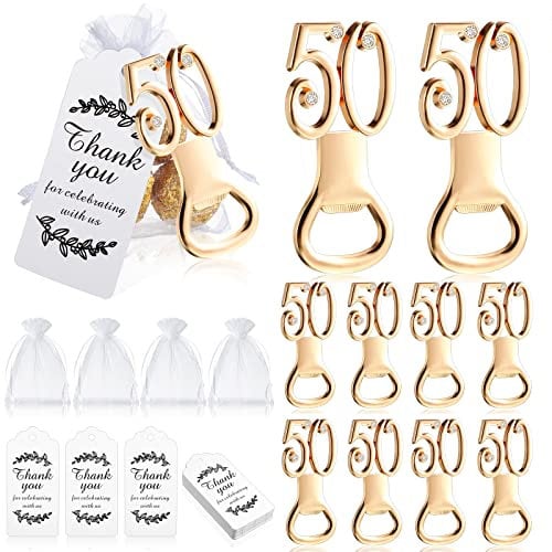 Baderke 50 Packs 50th Golden Bottle Opener Set 50th Birthday Party Favor Openers with Thank You Tags Organza Bags 50th Party Wedding Anniversaries Souvenirs Favors Decorations for Guests